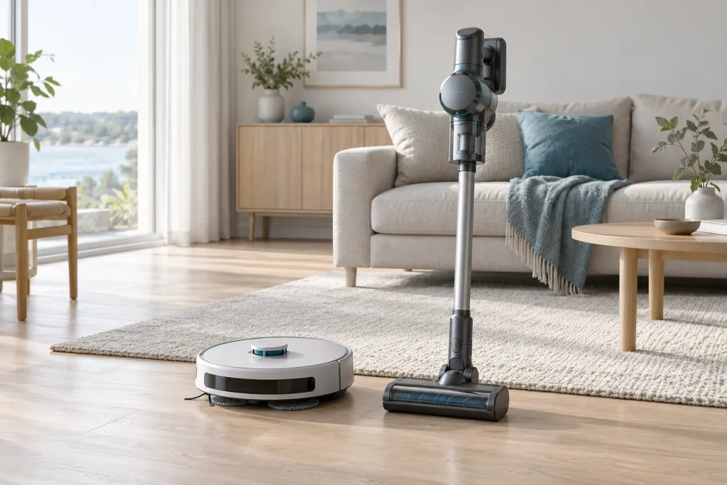 Un robot aspirateur laveur et un aspirateur balai classique posés côte à côte dans un salon scandinave, parquet et tapis