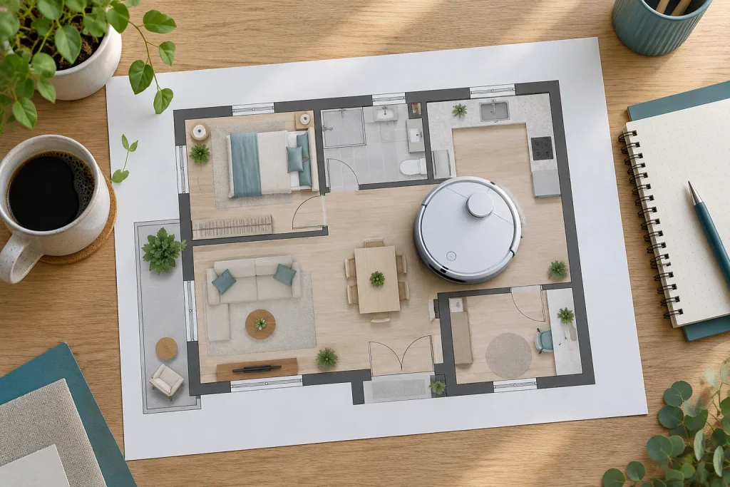 Plan d'un appartement imprimé sur une table en bois avec un petit robot aspirateur posé dessus, carnet et stylo, lumière douce, vue de dessus