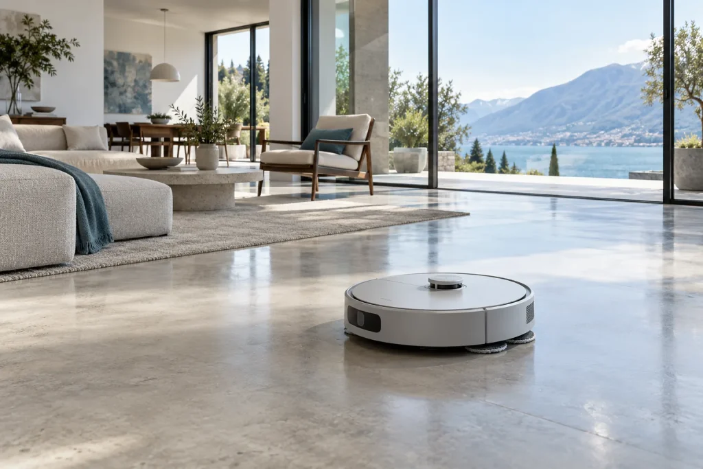 Robot aspirateur laveur gris perle dans un grand salon contemporain, baie vitrée, sol en béton ciré clair