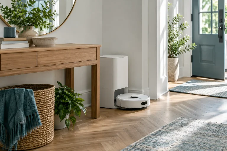 Robot aspirateur blanc et sa base autonettoyante dans l'angle d'une entrée claire, console en bois, parquet