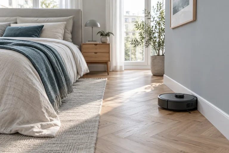 Robot aspirateur laveur gris foncé longeant un plinthe dans une chambre scandinave, lit en lin, parquet