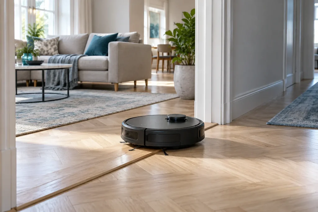 Robot aspirateur noir mat rond franchissant un seuil de porte entre salon et couloir sur parquet clair, lumière naturelle