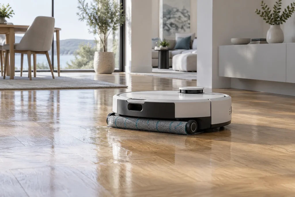 Robot aspirateur laveur à rouleau humide sur un parquet en chêne, reflet sur le sol propre, intérieur épuré gris perle