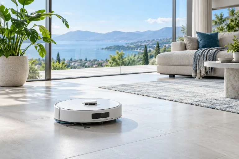 Robot aspirateur laveur blanc devant une grande baie vitrée, salon lumineux, sol carrelé clair, plante