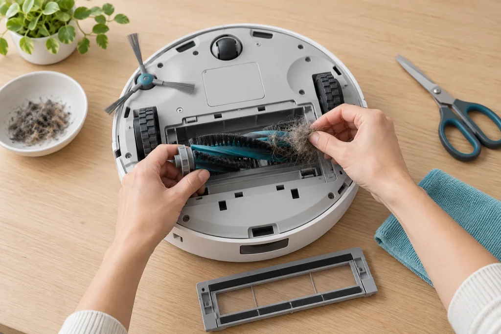 Mains nettoyant la brosse principale d'un robot aspirateur retourné sur une table en bois claire, ciseaux et chiffon, lumière naturelle
