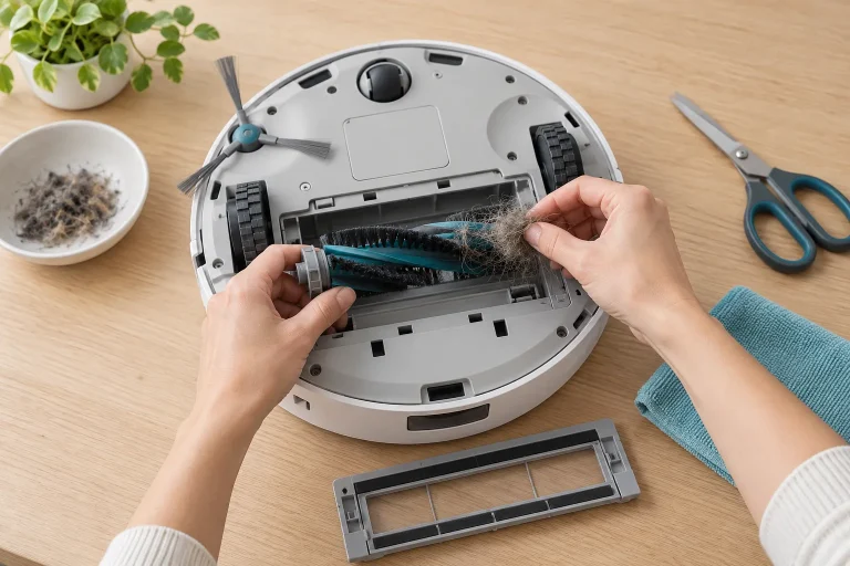 Mains nettoyant la brosse principale d'un robot aspirateur retourné sur une table en bois claire, ciseaux et chiffon, lumière naturelle