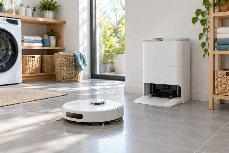 Robot aspirateur laveur blanc avec station tout-en-un posée dans une buanderie claire, carrelage, étagères en bois