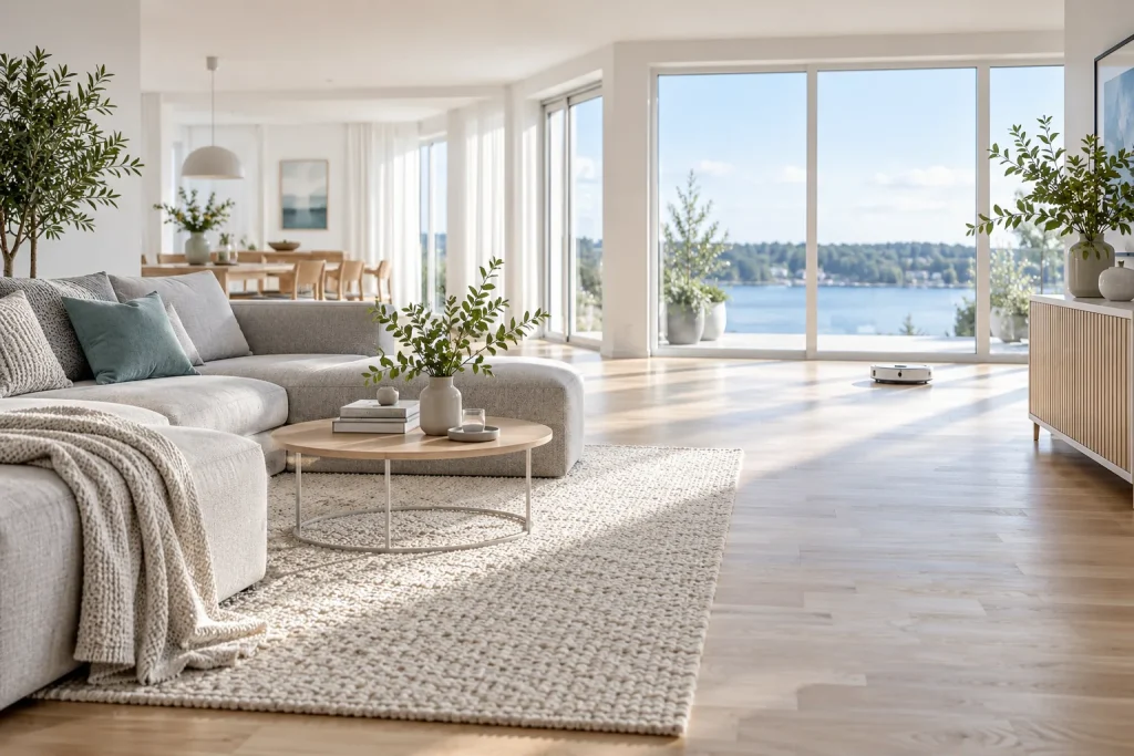 Salon scandinave très lumineux, parquet chêne clair, canapé gris perle, plante verte, grande fenêtre, un robot aspirateur rond gris clair au sol au loin, ambiance calme et propre