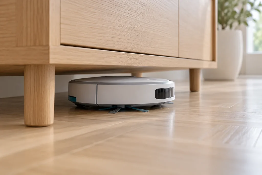 Mini robot aspirateur rond très compact glissant sous un meuble bas en bois, vue de côté au ras du sol, parquet
