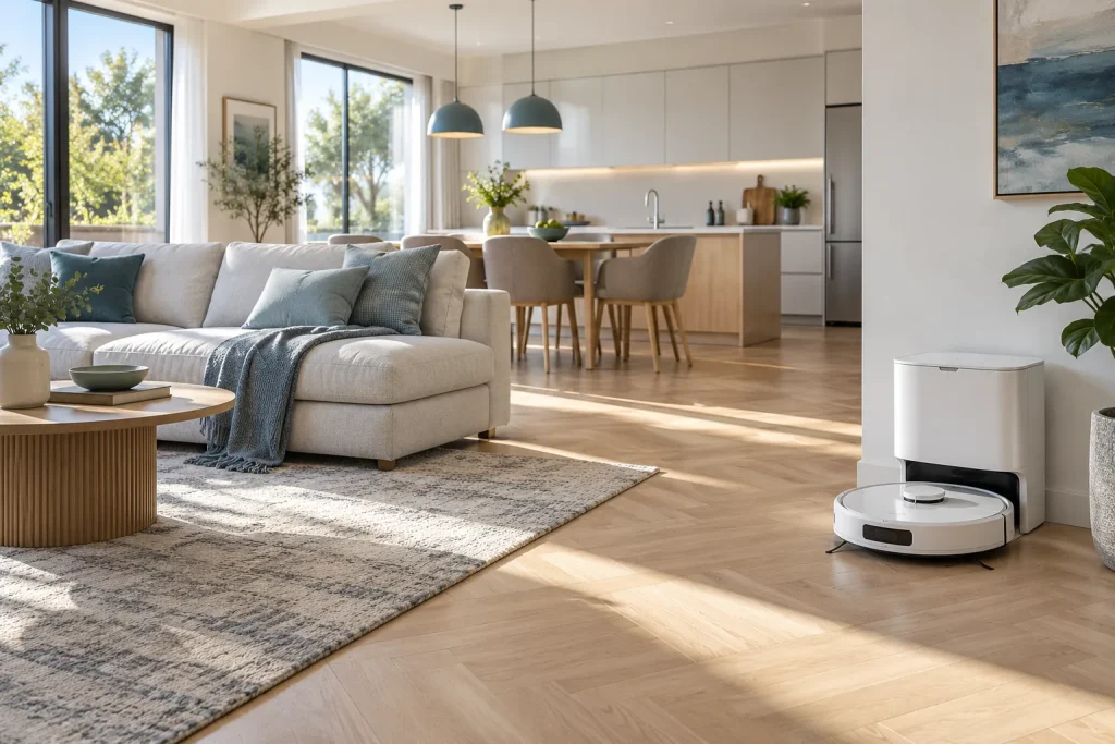 Vue large d'un séjour clair avec cuisine ouverte, parquet clair, un robot aspirateur laveur avec sa station de charge blanche contre un mur, lumière du matin
