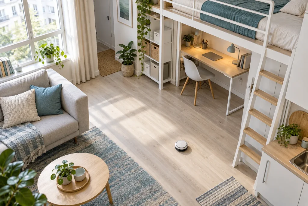 Très petit robot aspirateur rond sur le sol d'un studio clair, lit mezzanine et bureau, vue en plongée douce