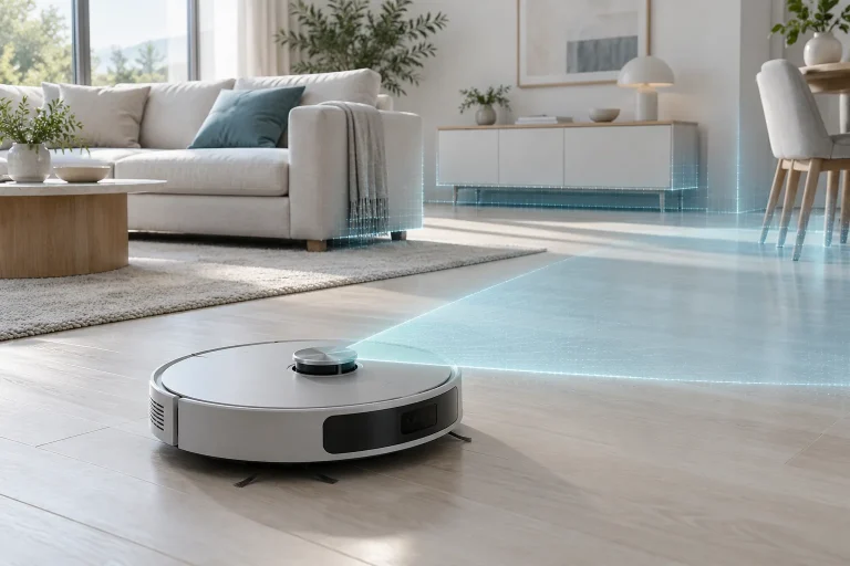 Robot aspirateur rond avec tourelle lidar en relief dans un salon, faisceau lumineux discret évoquant un scan de pièce, ambiance calme