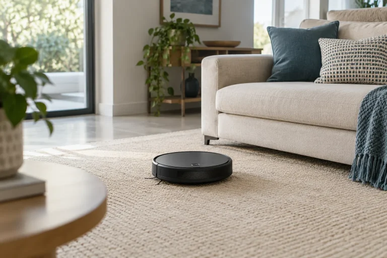 Petit robot aspirateur rond noir au milieu d'un salon simple, tapis beige, canapé, lumière douce