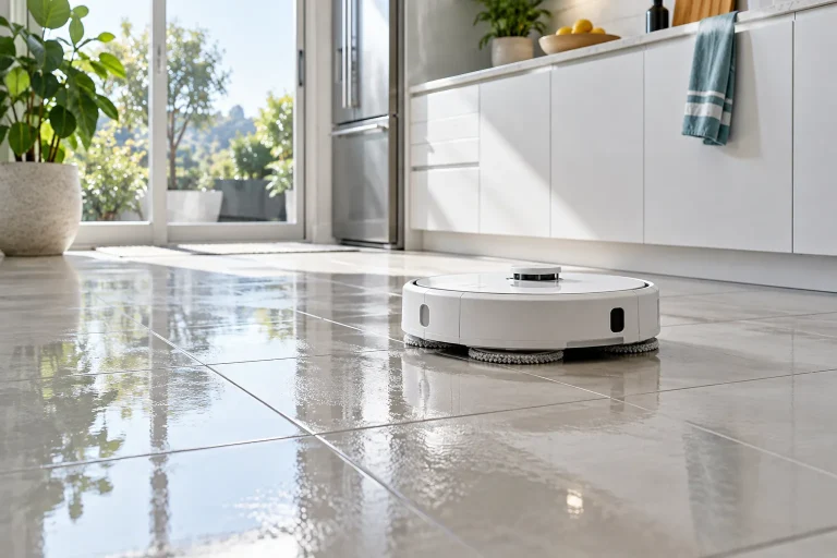 Robot aspirateur laveur blanc passant la serpillière sur un carrelage de cuisine clair, reflets de lumière sur le sol humide