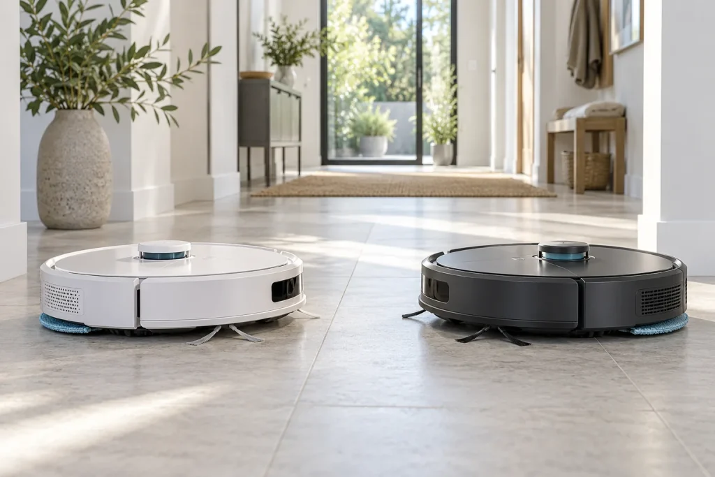 Deux robots aspirateurs ronds, un blanc et un gris foncé, face à face dans un couloir lumineux