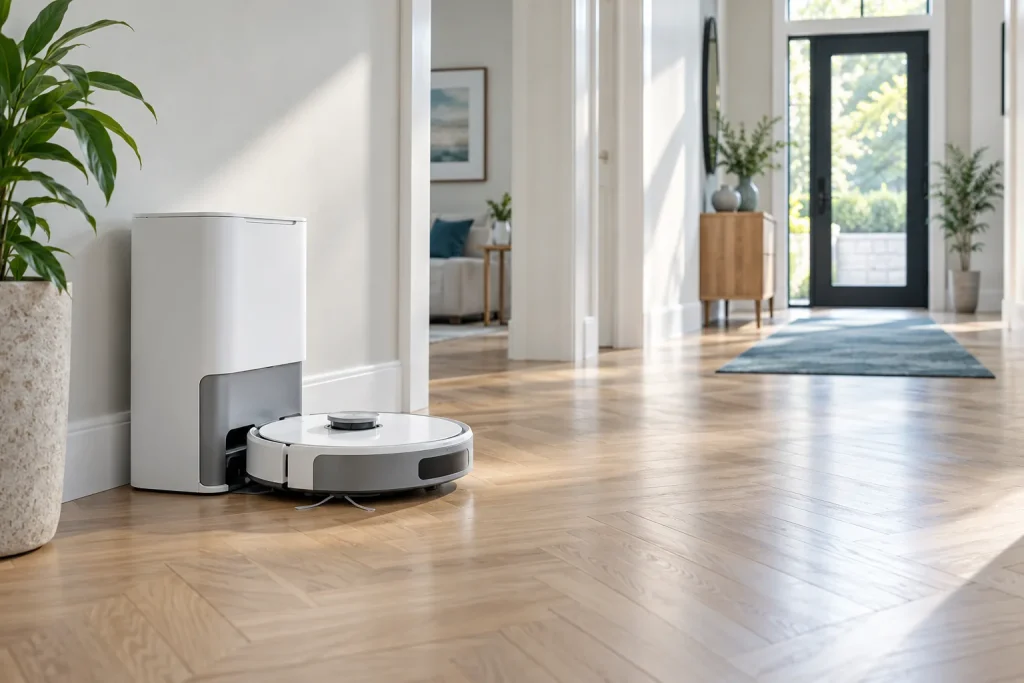 Robot aspirateur laveur rond blanc et gris près d'une station haute blanche dans un couloir clair, parquet, plan large