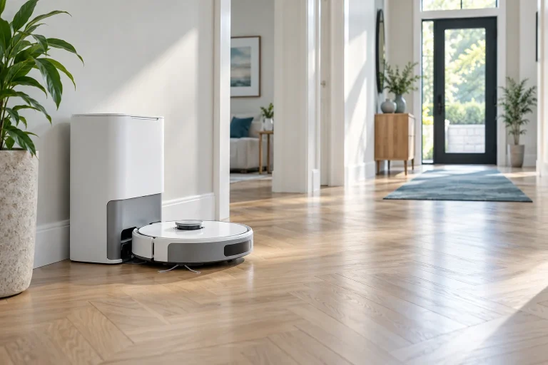 Robot aspirateur laveur rond blanc et gris près d'une station haute blanche dans un couloir clair, parquet, plan large