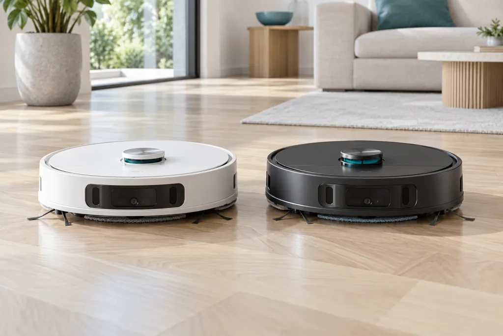 Deux robots aspirateurs laveurs, l'un blanc l'autre noir, côte à côte sur un parquet clair, vue de face