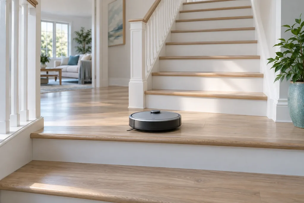 Robot aspirateur arrêté au bord du palier devant un escalier en bois blanc d'une maison, vue large, ambiance sereine