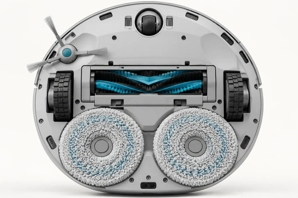 Gros plan du dessous d'un robot aspirateur laveur retourné avec brosse centrale et serpillières rotatives, fond blanc cassé, lumière studio