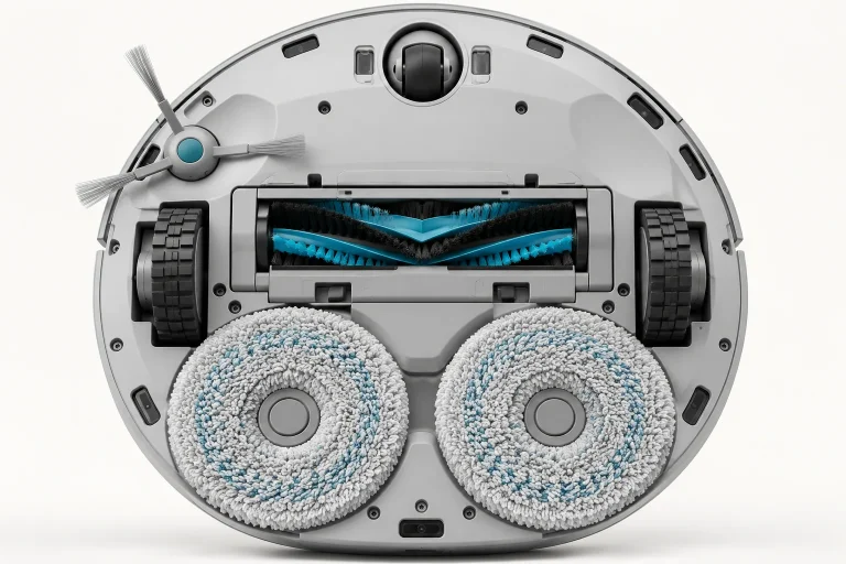 Gros plan du dessous d'un robot aspirateur laveur retourné avec brosse centrale et serpillières rotatives, fond blanc cassé, lumière studio