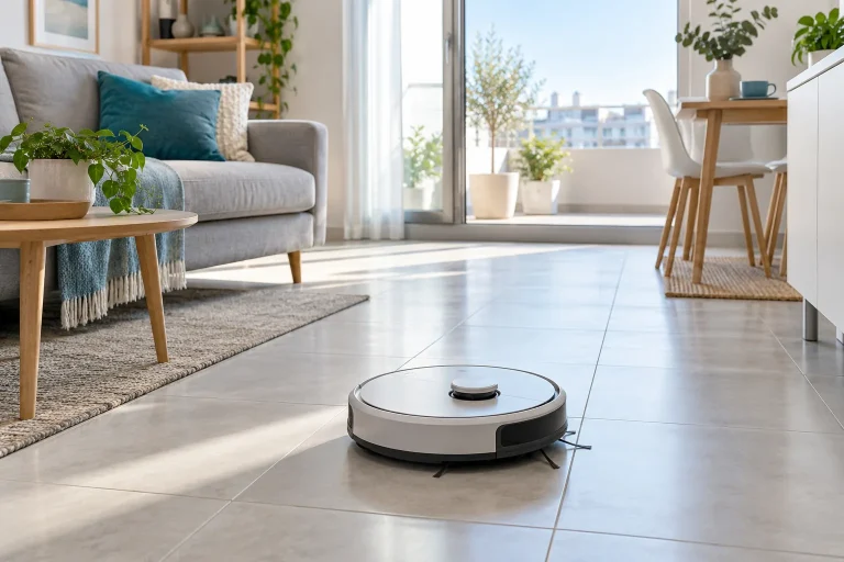 Robot aspirateur rond simple et sobre sur le carrelage d'un petit appartement lumineux, ambiance accessible et propre
