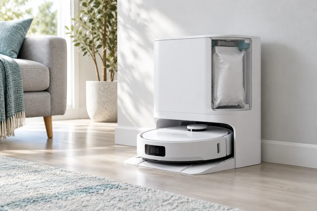 Station de vidage automatique blanche avec robot aspirateur rechargé, posée dans un coin de salon clair, sac poussière visible fermé