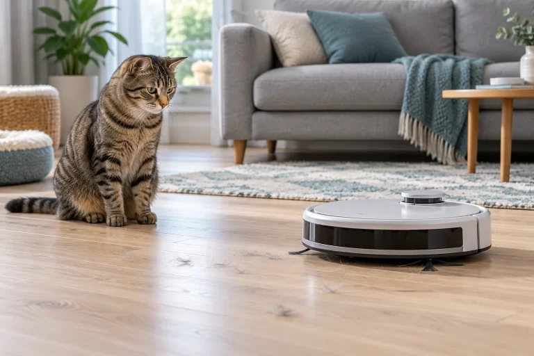 Un chat tigré et un robot aspirateur sur un parquet clair, quelques poils sur le sol, canapé gris, lumière douce