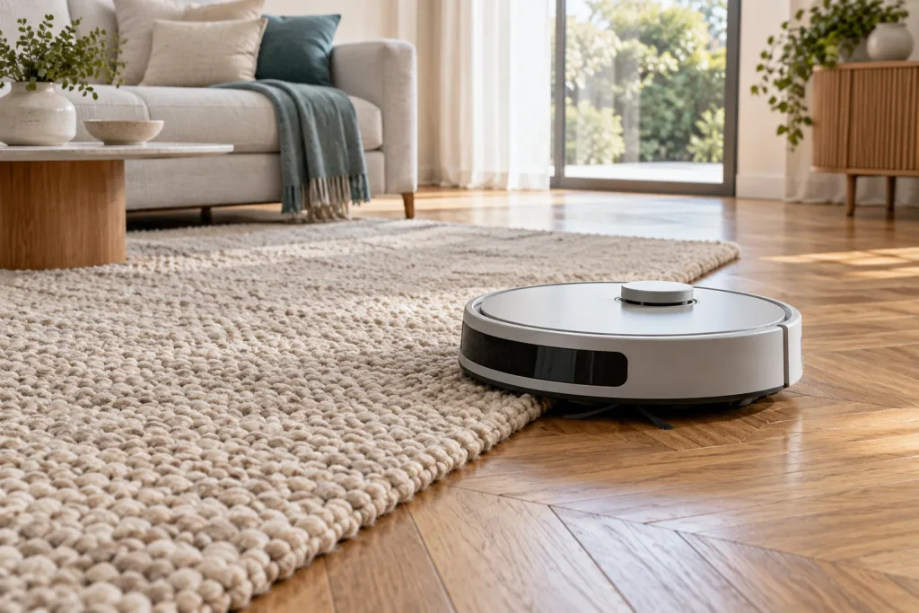 Robot aspirateur rond au bord d'un tapis épais en laine beige, salon calme, moquette et parquet