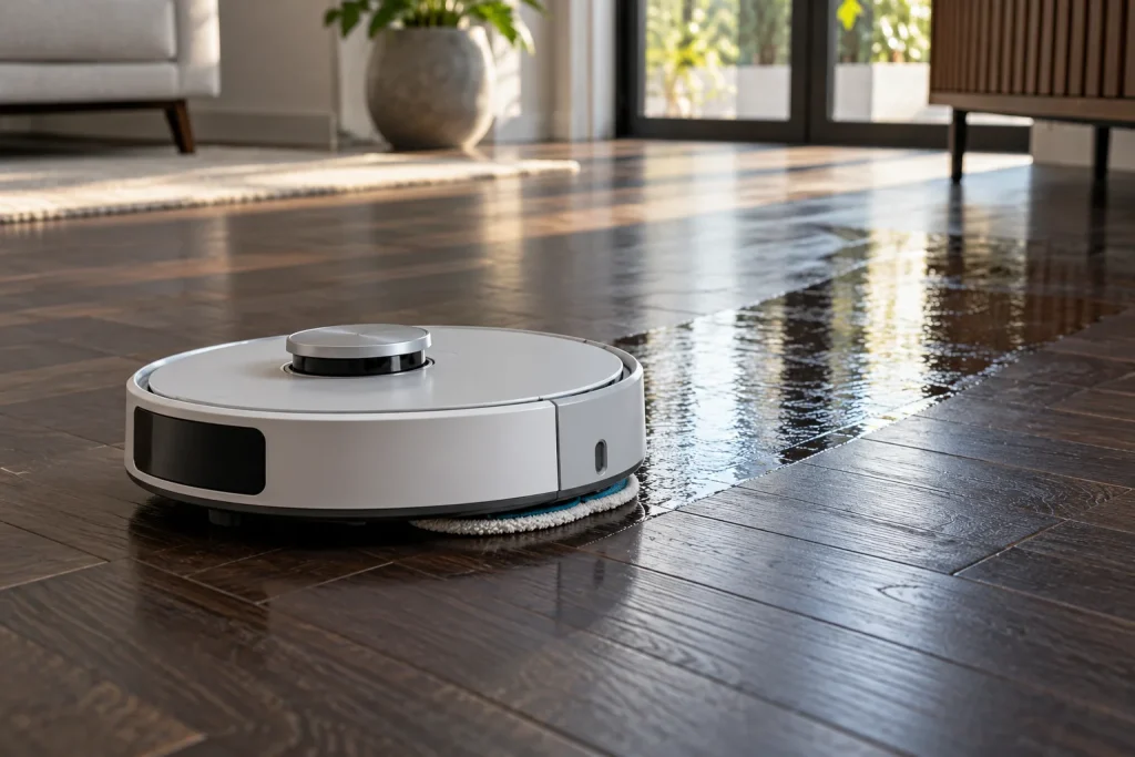 Robot qui lave avec serpillière propre sur un parquet foncé, trace d'humidité brillante derrière lui, lumière rasante