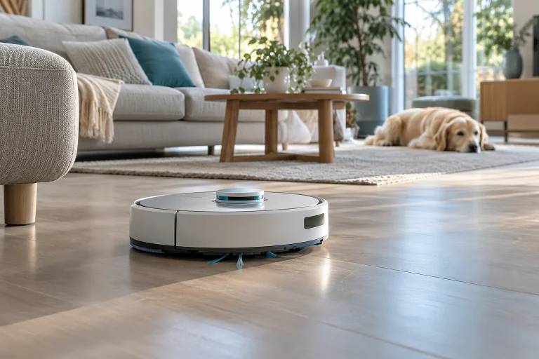 Robot aspirateur laveur rond de style compact sur un sol de salon avec un chien beige allongé en arrière-plan, ambiance familiale claire