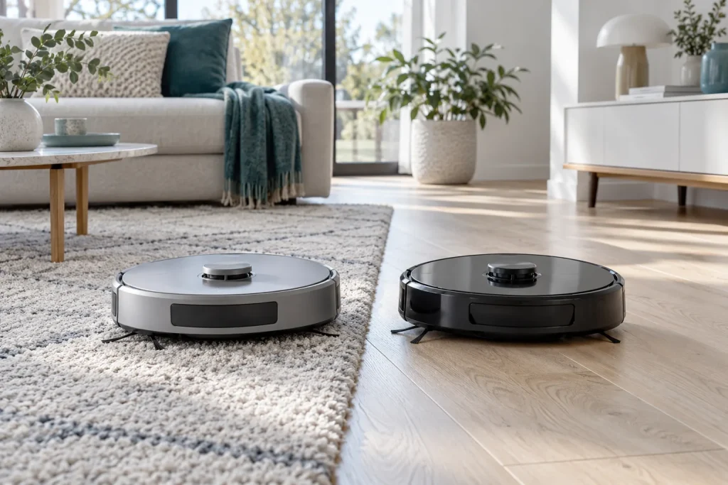 Deux robots aspirateurs ronds de tailles proches, un gris un noir, sur un tapis et un parquet côte à côte, salon clair