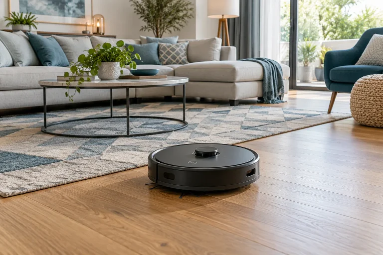 Robot aspirateur rond gris anthracite dans un séjour confortable, tapis à motifs géométriques sobres, parquet