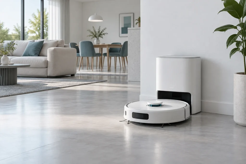 Robot aspirateur blanc moderne près de sa station dans un appartement minimaliste, murs blancs, sol gris clair