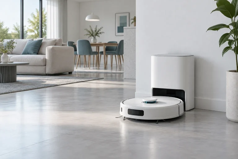 Robot aspirateur blanc moderne près de sa station dans un appartement minimaliste, murs blancs, sol gris clair